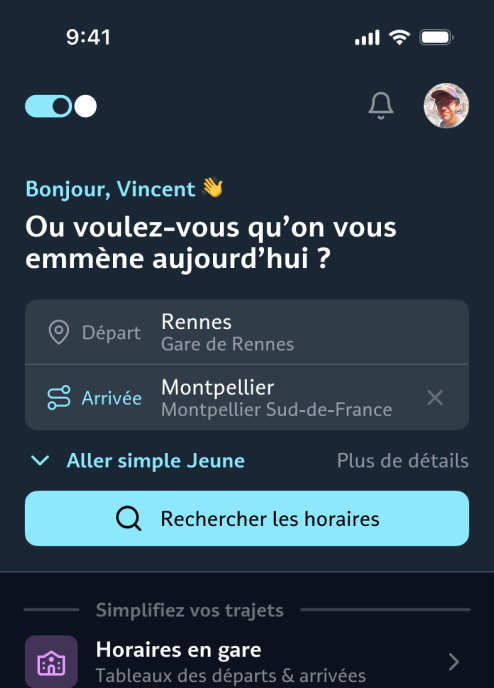 Interface d'une application de réservation de train SNCF